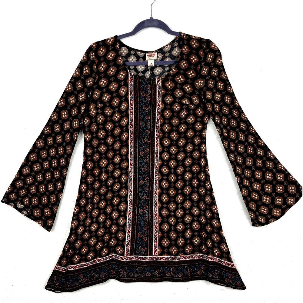 MOSSIMO Tunic Top Women’s SZ M Black Red Paisley Print Bell Sleeves Boho Chic